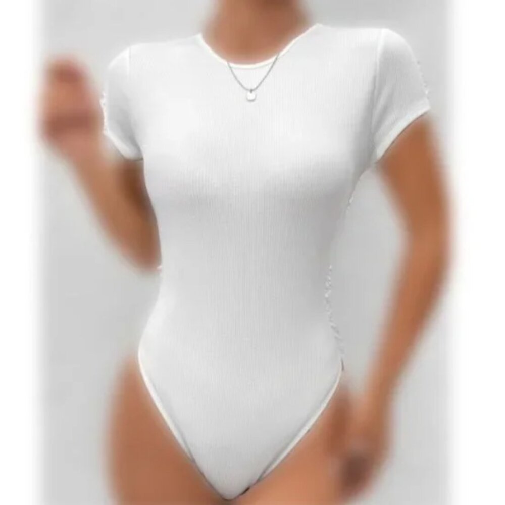 SHEIN PETITE Solid Ribbed Knit Summer Tee Bodysuit in White Size XXSP NWT